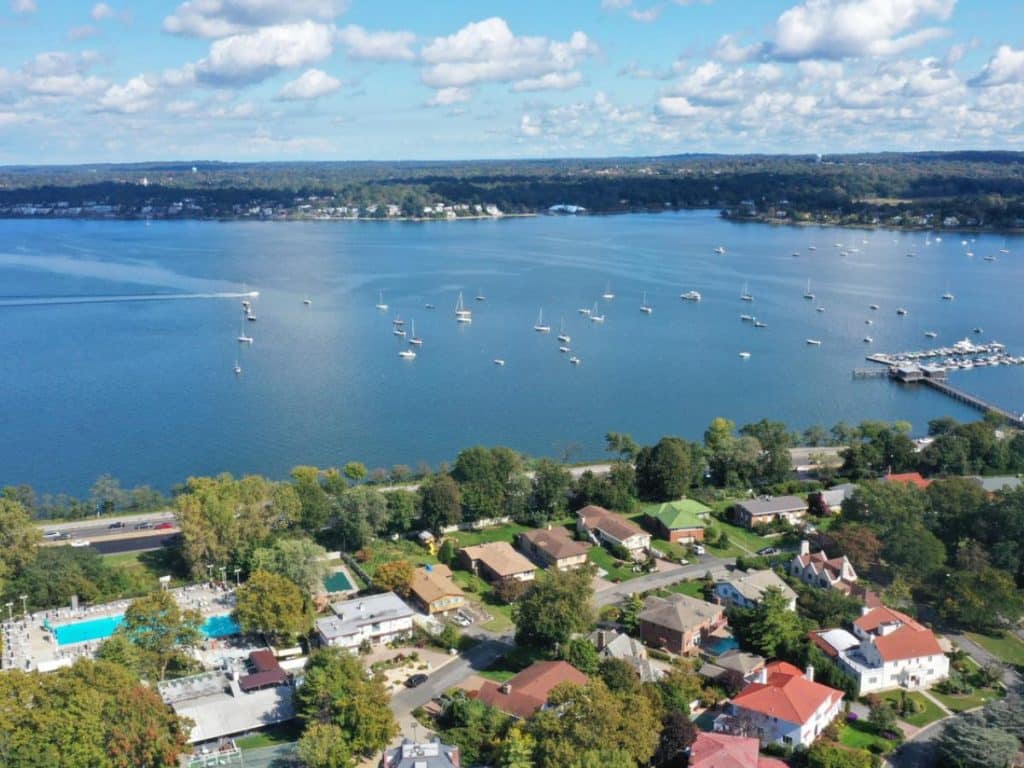 Aerial view of Little Neck Bay and the Cross Island Parkway in the Bayside section of Queens