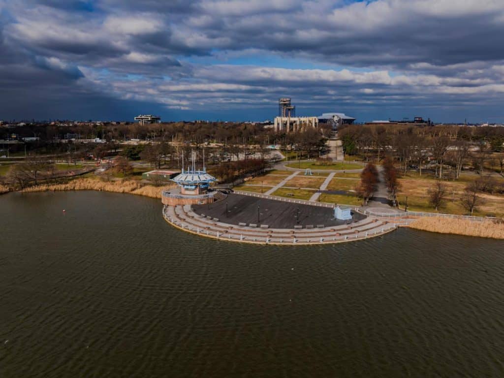 An aerial view of Arthur Ashe stadium, the tennis arena and the Unisphere in Flushing, Queens, NY